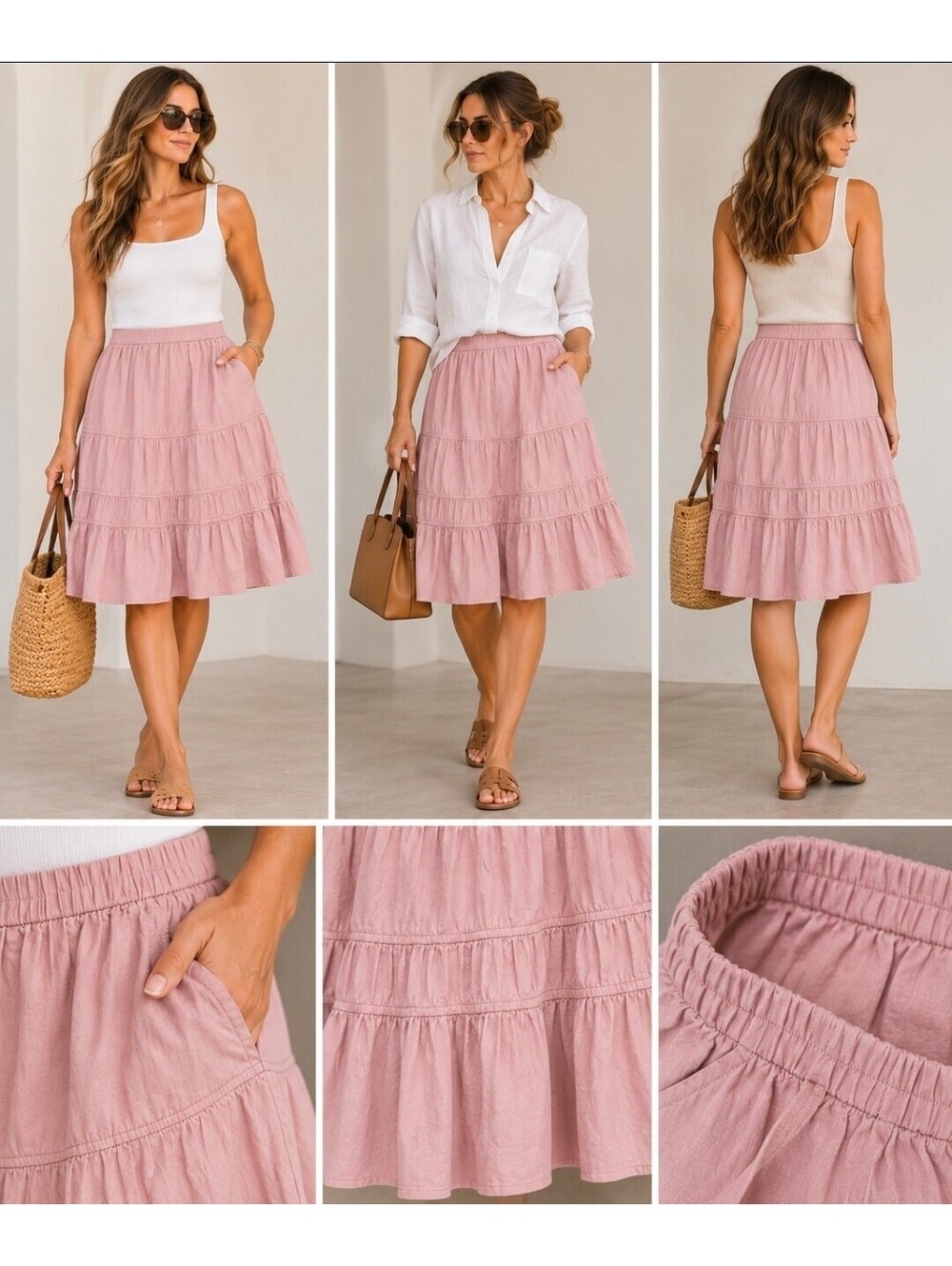 Theory Women’s S Dusty Rose Linen Blend Tiered Midi Skirt Elastic Waist Pockets
